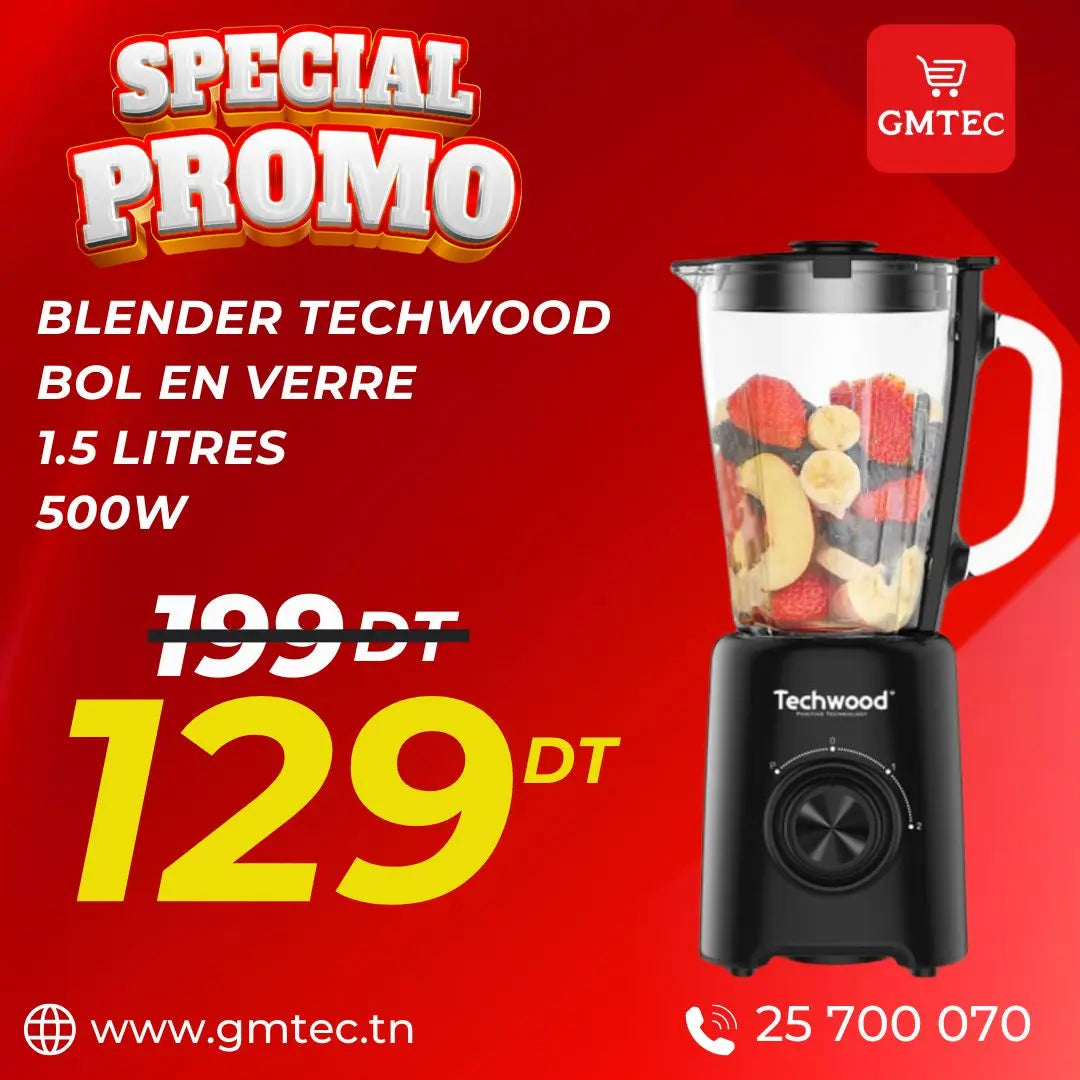 BLENDER TECHWOOD BOL EN VERRE 1.5 LITRES 500 W - NOIR TECHWOOD