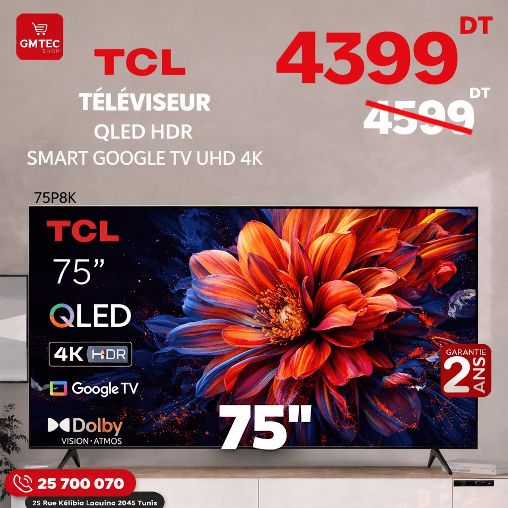tv tcl 75 pouces qled 4k smart google tv 75p8k