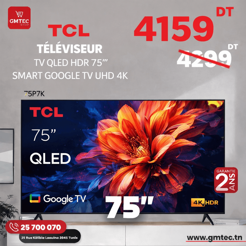 tv tcl 75 pouces qled 4k smart google tv 75p7k
