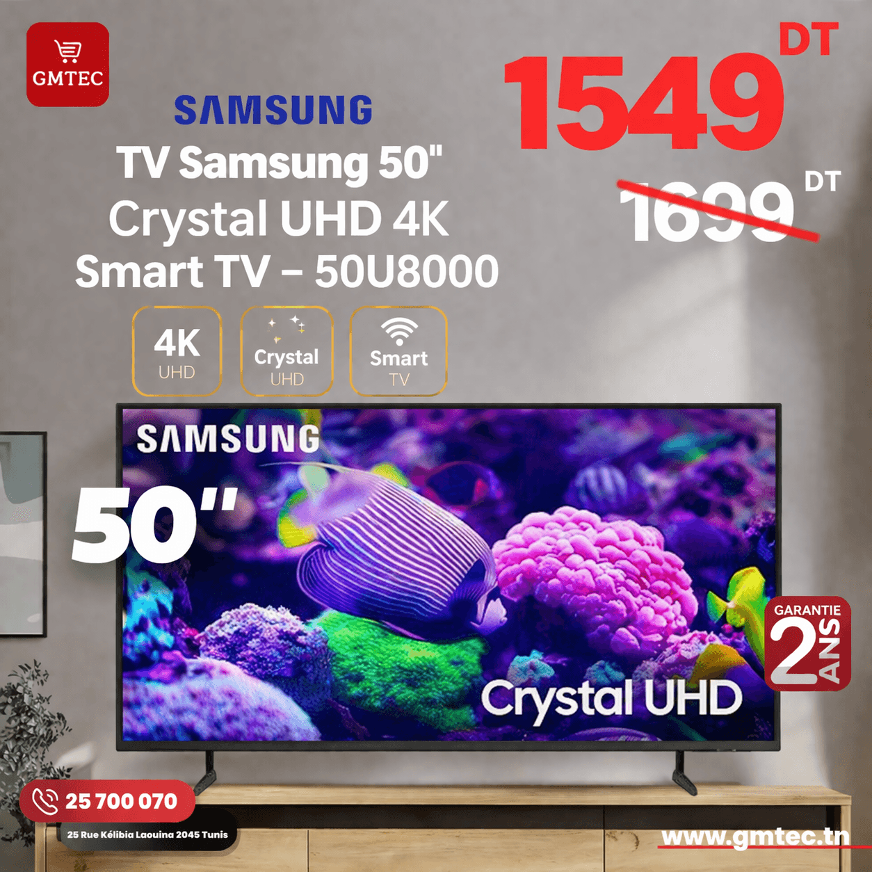 tv samsung 50 pouces 4k crystal uhd smart tv 50u8000
