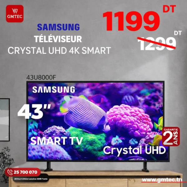 tv samsung 43 pouces 4k crystal uhd smart tv 43u8000f