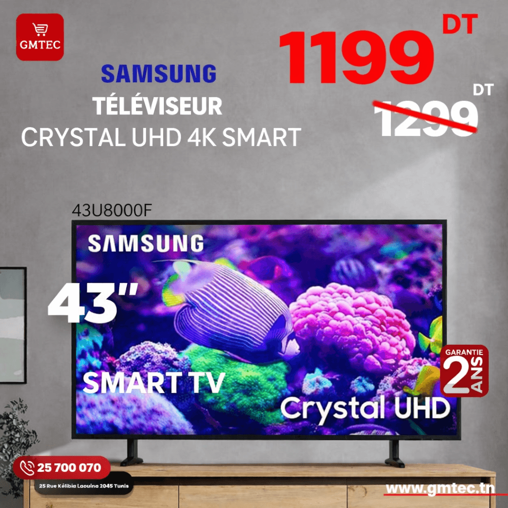 tv samsung 43 pouces 4k crystal uhd smart tv 43u8000f