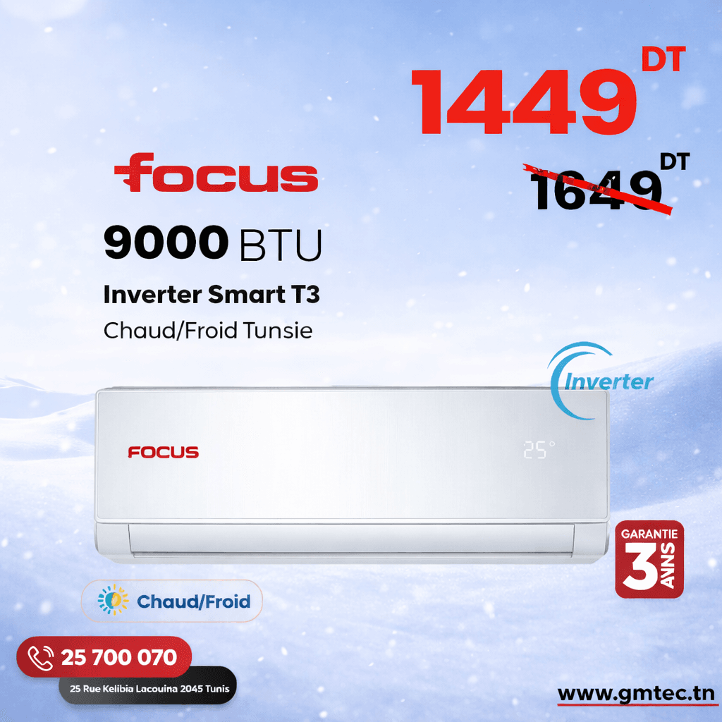 climatiseur focus 9000 btu inverter smart chaud froid t3 tunisie