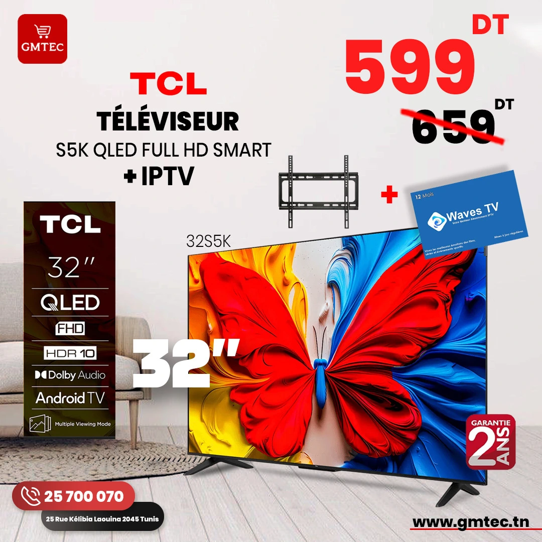 Téléviseur TCL 32S5K – 32’’ QLED FHD – Google TV – Dolby Audio