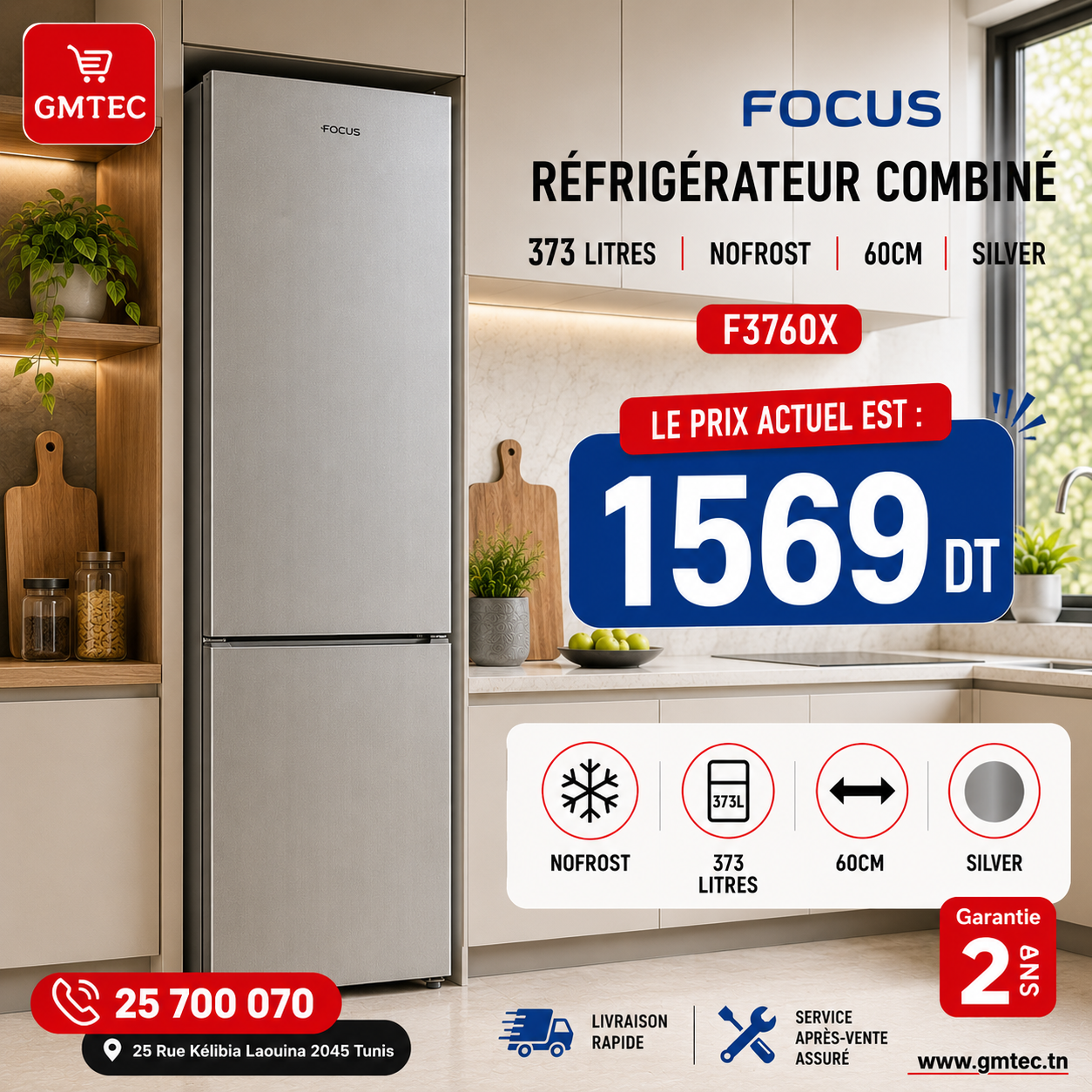 REFRIGERATEUR COMBINE FOCUS 373 LITRES NOFROST 60CM SILVER - F3760X