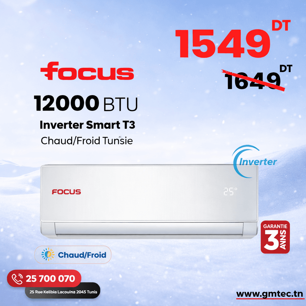 Climatiseur FOCUS 12000 BTU Inverter Smart T3 Chaud/Froid Tunisie