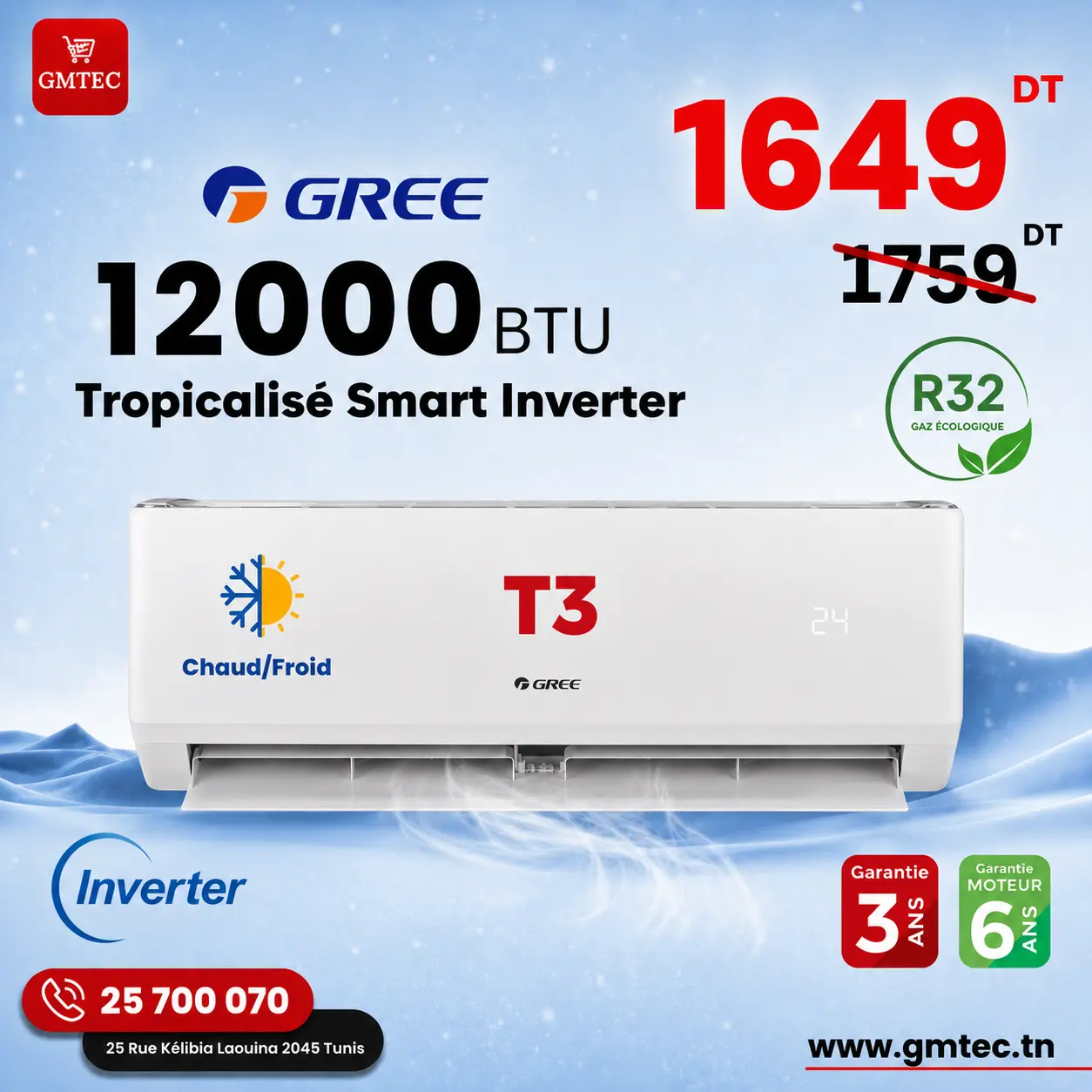 Climatiseur GREE 12000 BTU Inverter WiFi T3 Chaud/Froid