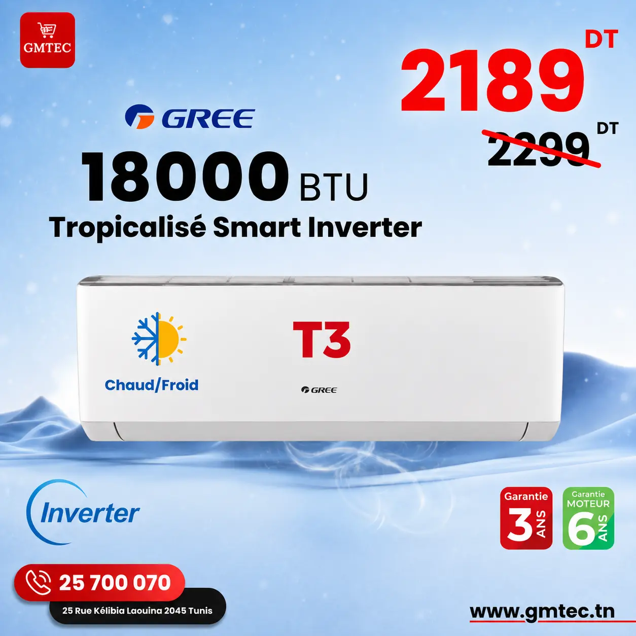 Climatiseur GREE 18000 BTU Inverter R32 Smart T3 Chaud/Froid