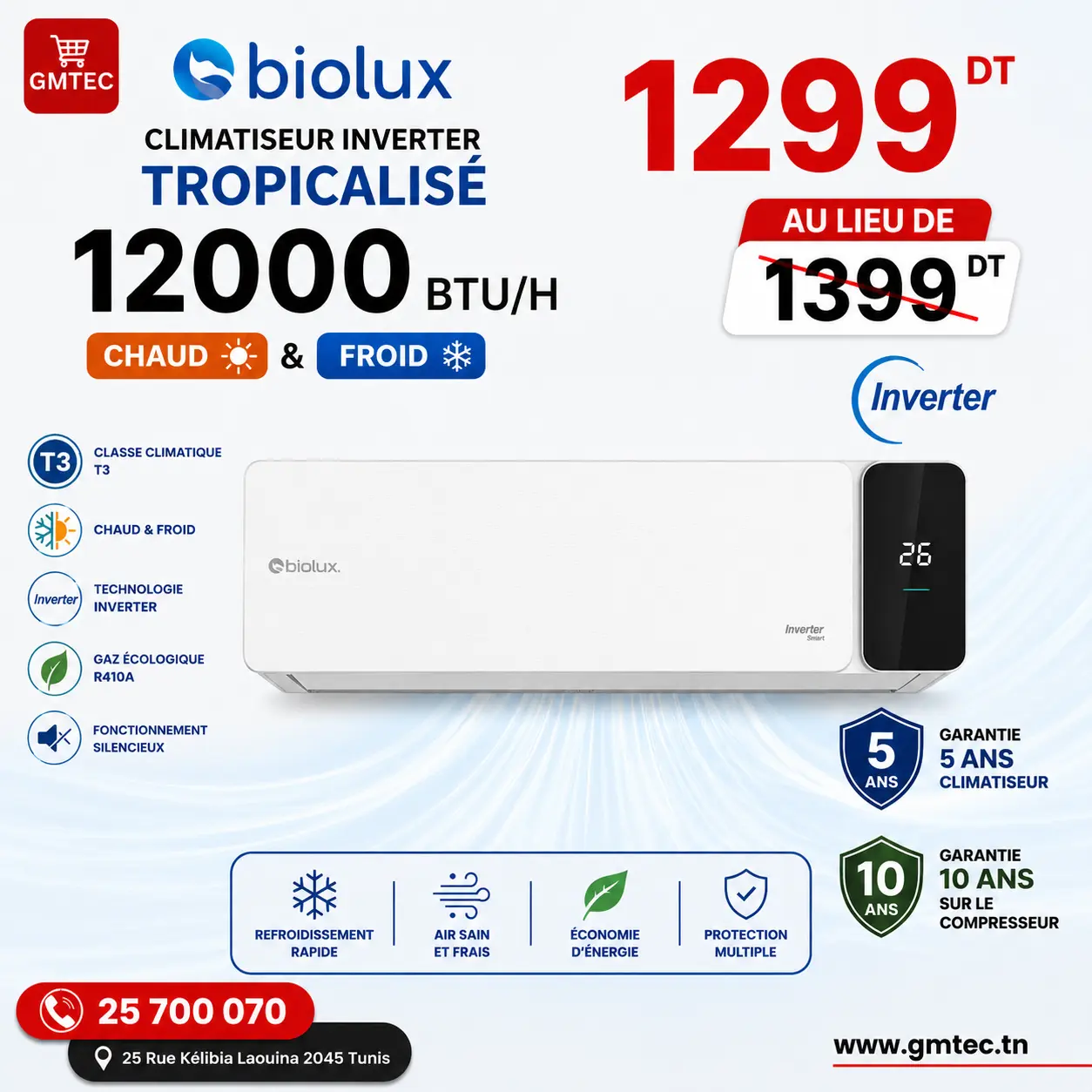 CLIMATISEUR INVERTER Tropicalisé BIOLUX 12000BTU CHAUD/FROID - GARANTIE 5ANS