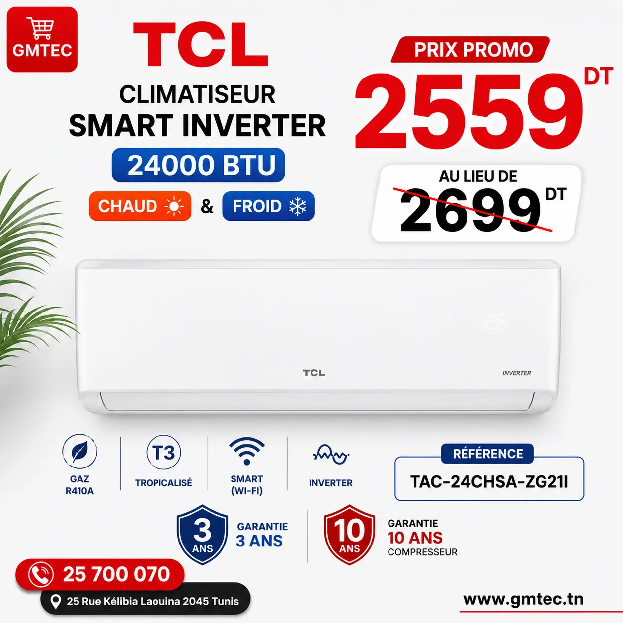 Climatiseur TCL Smart Inverter Tropicalisé 24000 BTU Chaud & Froid Wi-Fi ZG21I