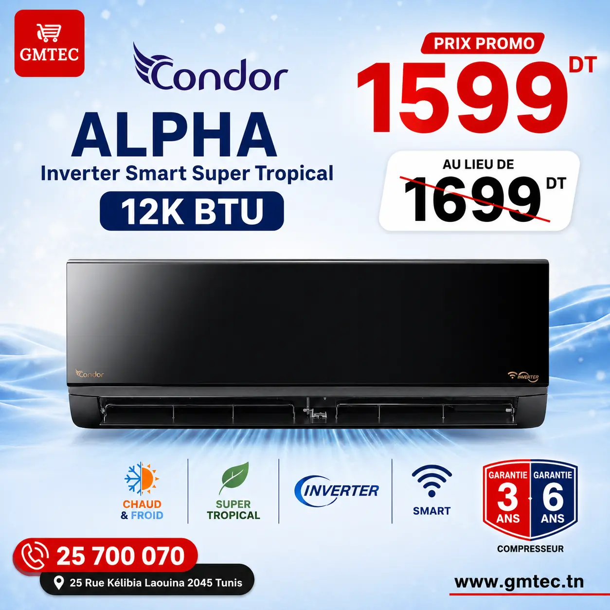 Climatiseur CONDOR ALPHA Smart Super Tropical Inverter 12000 BTU Chaud & Froid Noir