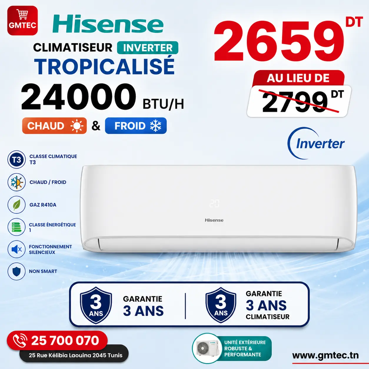 Climatiseur HISENSE Inverter Tropicalisé 24000 BTU Chaud & Froid T3